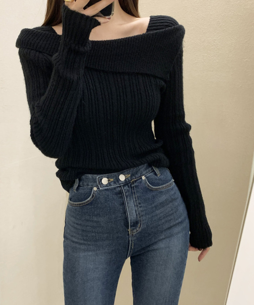リブニットトップス オフショルダー 長袖【ゆうパケット】 miniministore リブニットトップス オフショルダー 長袖【ゆう