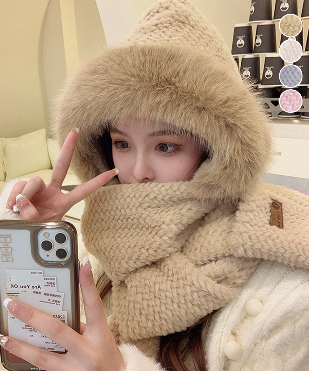 miniministore ニット帽子 マフラー手袋一体型ファー帽子