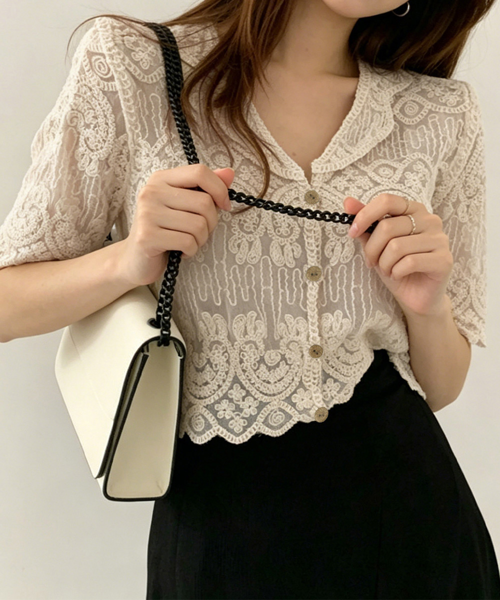 SÉZANE 透かし編み カーディガン XS SÉZANE レースブラウス 半袖 miniministore（ミニミニストア） 透かし編み花柄レース半袖