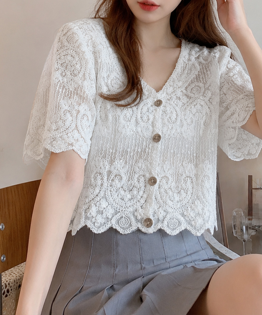 miniministore（ミニミニストア） 透かし編み花柄レース半袖