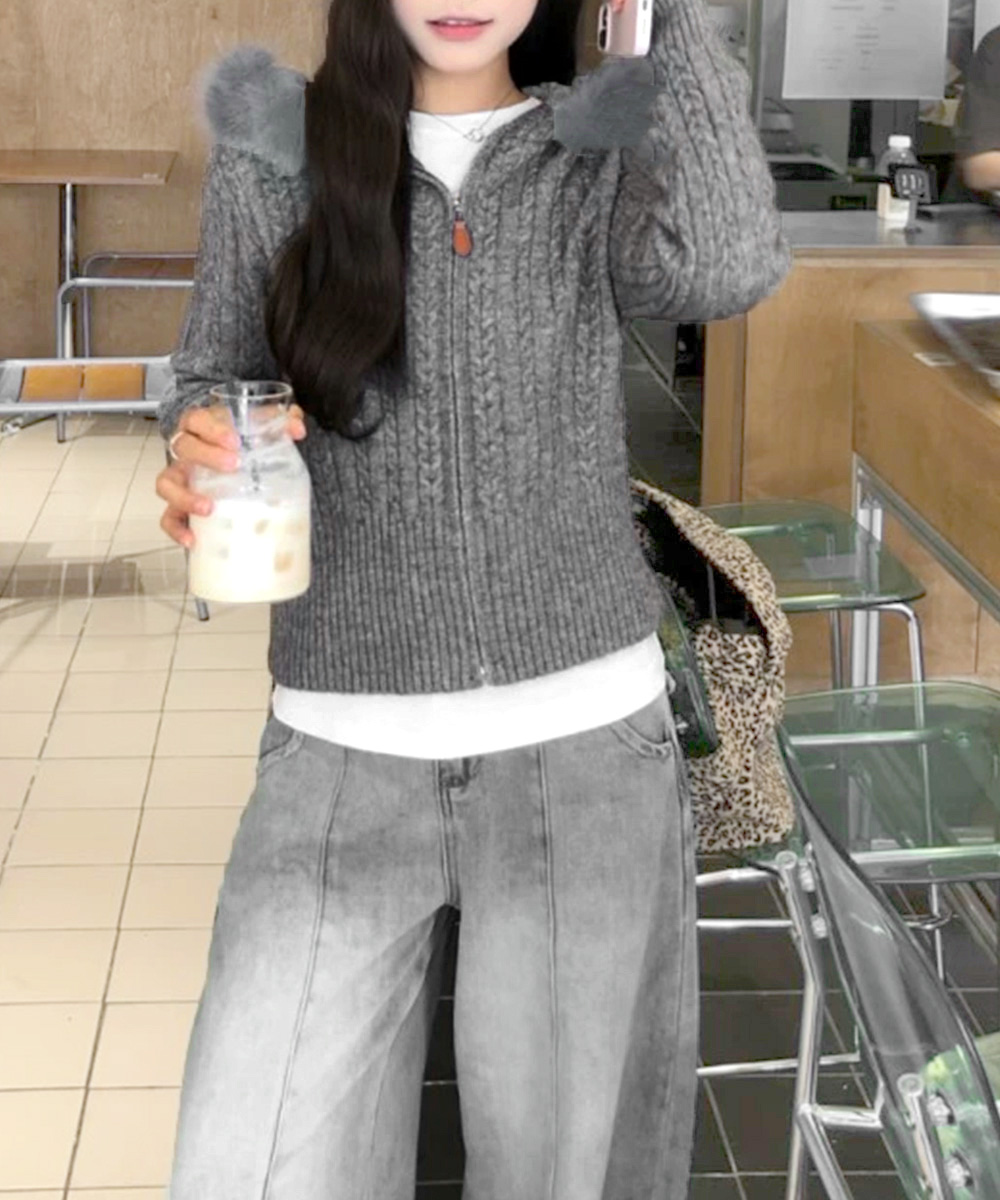 miniministore（ミニミニストア） フード付きケーブル編みニット