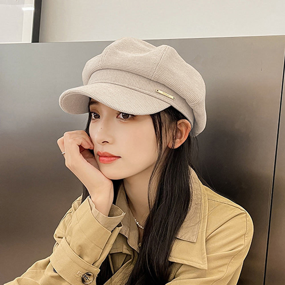 韓国 レディース ロゴ ベレー ベージュ キャスケット 帽子 - ハンチング