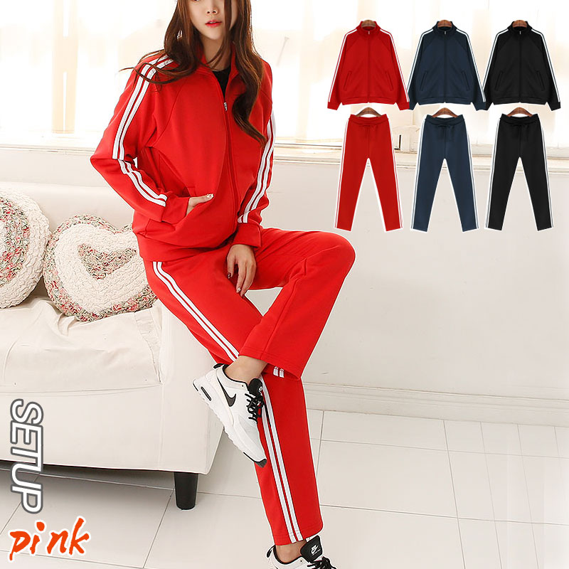 PINK☆裏起毛 ジャージ上下セットアップ サイド2本線 長袖トレーナー