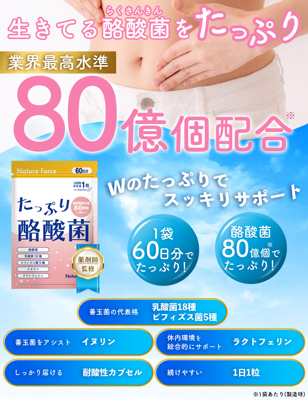 クーポン有 薬剤師監修 生きた酪酸菌 80億個 60日分 サプリ 乳酸菌 ネイチャーフォース たっぷり酪酸菌 3個セット_2