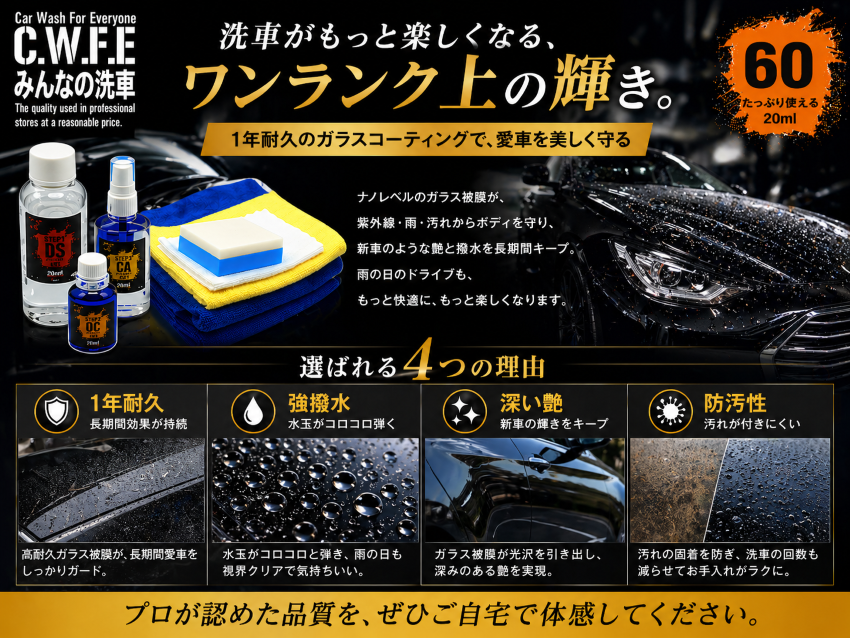 初心者でも簡単 車用ガラスコーティング剤 ONE COAT ワンコート 1年 