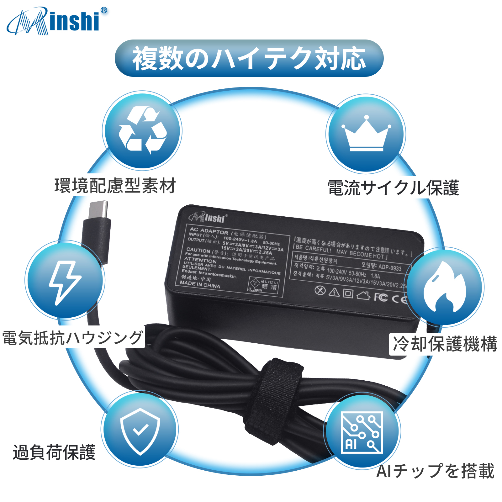 1年保証】minshi NEC PC-GN164ZFDG 45W 対応 互換ACアダプター