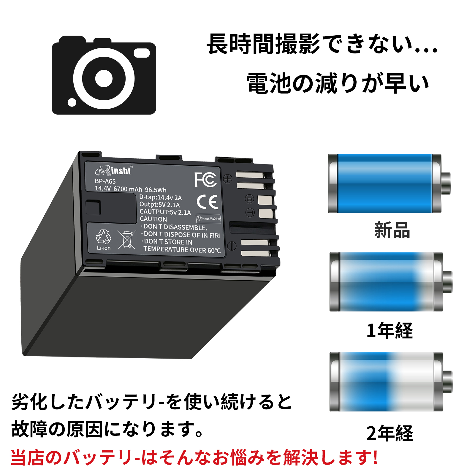 minshi】CANON BP-A60 対応 互換バッテリー【6700mAh 14.4V】PSE認定済