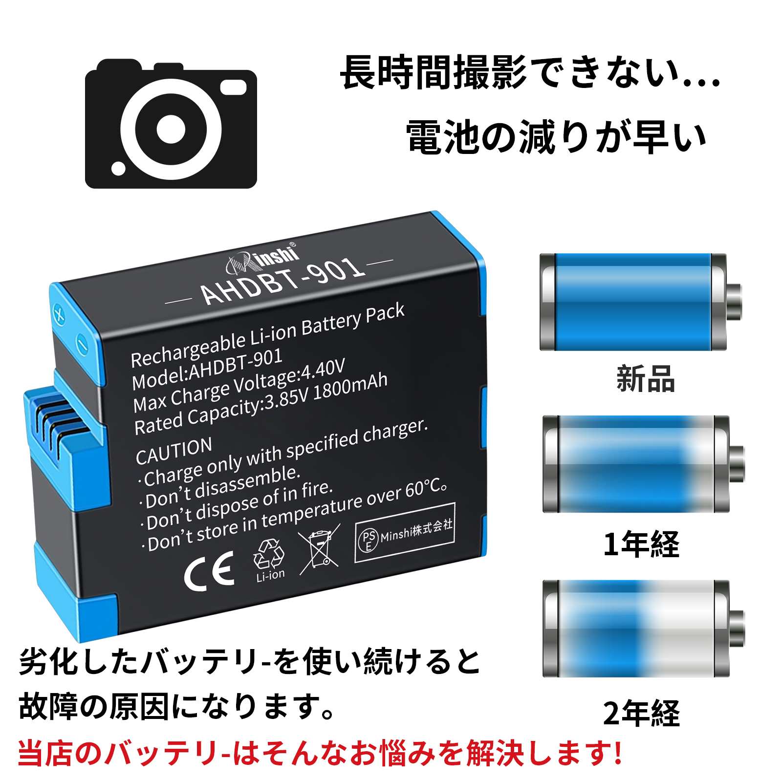 2個セット】 minshi GoPro HERO 9 Black 対応 互換バッテリー 1800mAh 
