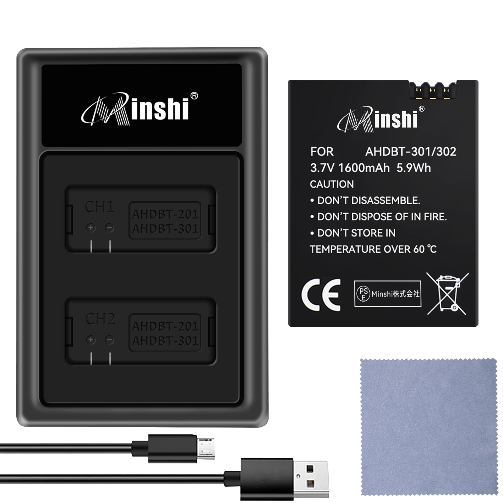 【セット】minshi HERO 3+ AHDBT-301 【1600mAh 3.7V】PSE認定済 高品質交換用バッテリー