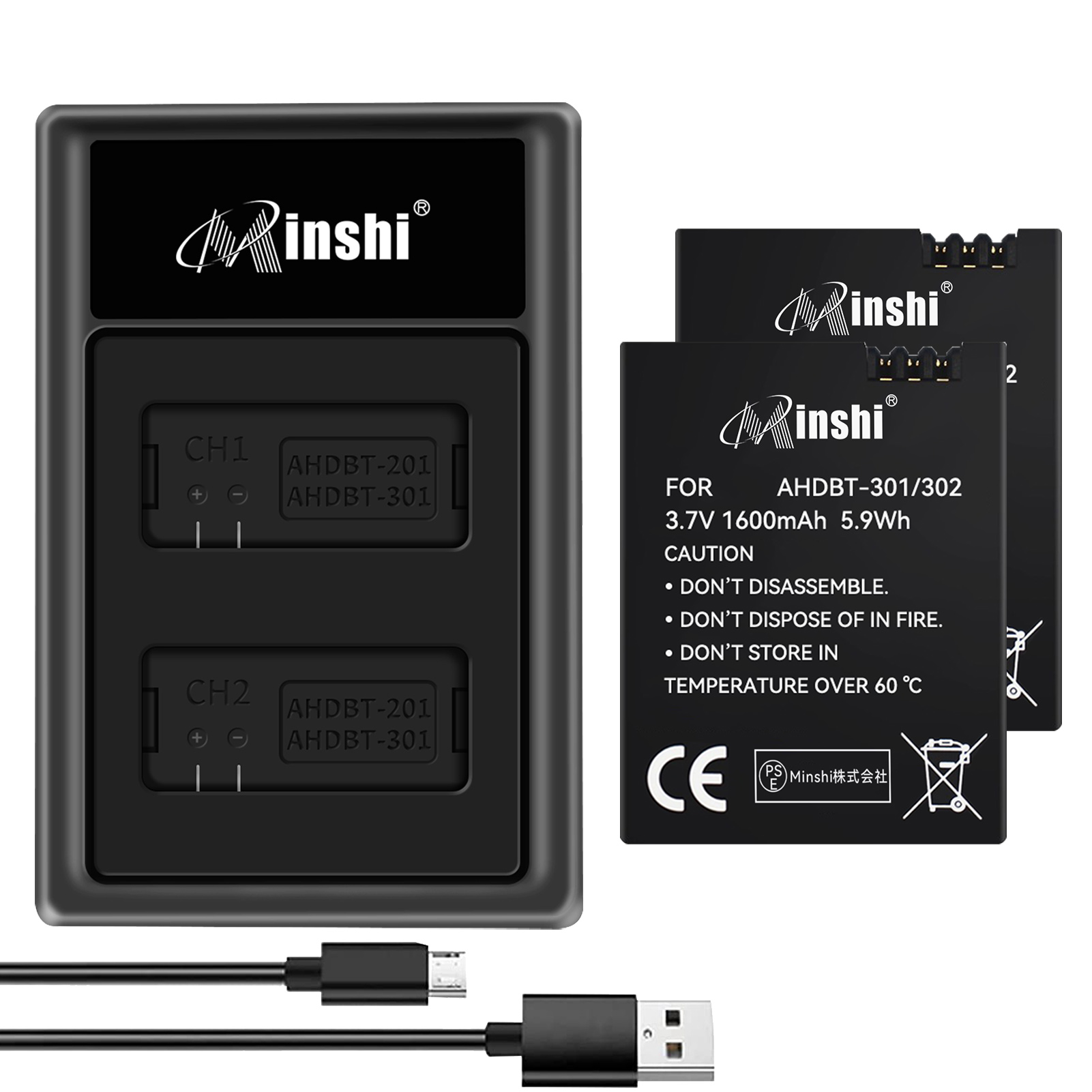 【２個セット】minshi GoPro HERO 3【1600mAh 3.7V】【互換急速USBチャージャー】PSE認定済 高品質交換用バッテリー