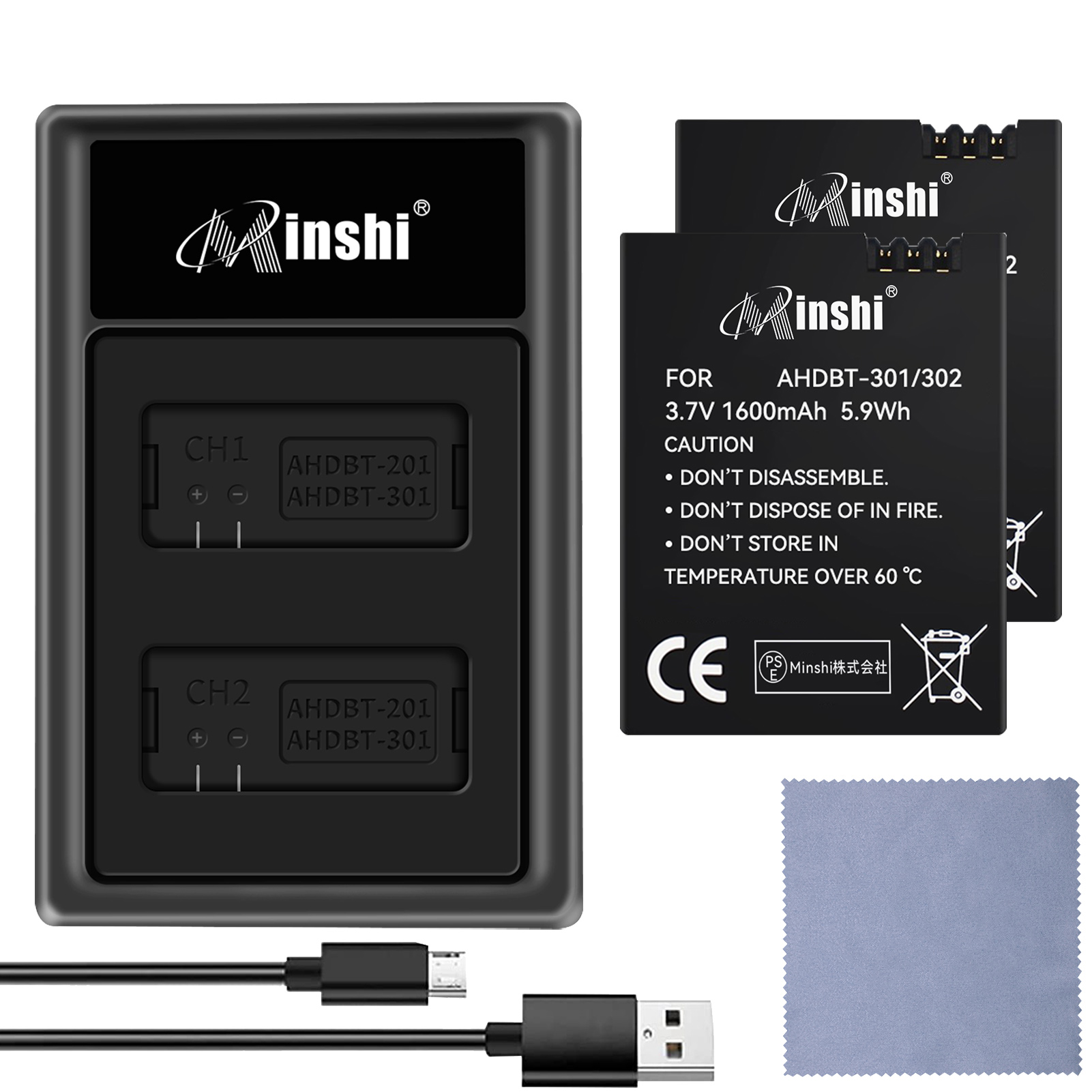 【セット】minshi GoPro AHDBT-301 HERO 3【1600mAh 3.7V】PSE認定済 高品質交換用バッテリー【2個】