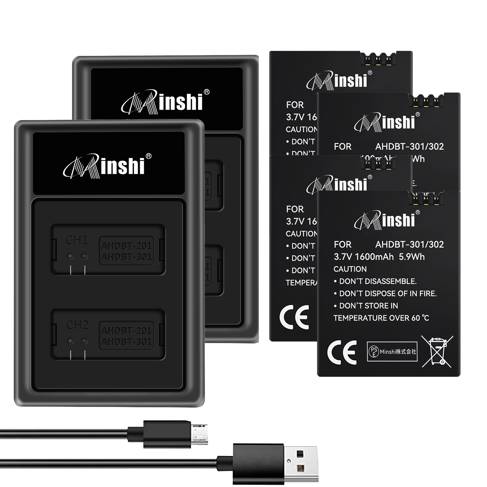 【4個セット&2個充電器】minshi HERO 3+ AHDBT-301 【1600mAh 3.7V】PSE認定済 高品質交換用バッテリー