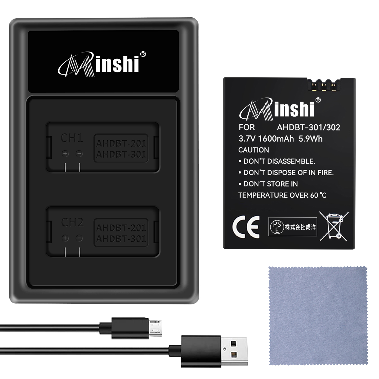 【セット】minshi GoPro AHDBT-302 AHDBT-301 【1600mAh 3.7V】PSE認定済 高品質交換用バッテリー｜minshi