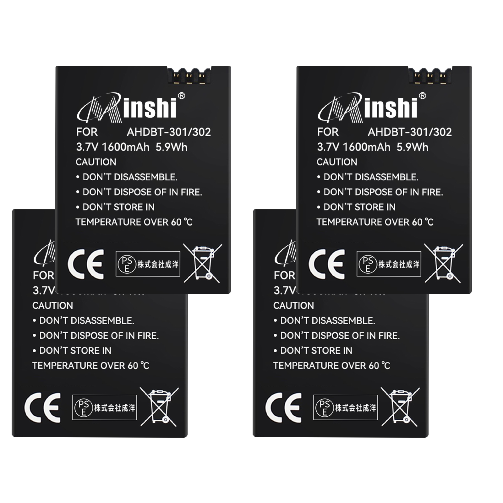 【4個セット】minshi GoPro AHDBT-302 AHDBT-301 【1600mAh 3.7V】PSE認定済 高品質交換用バッテリー｜minshi