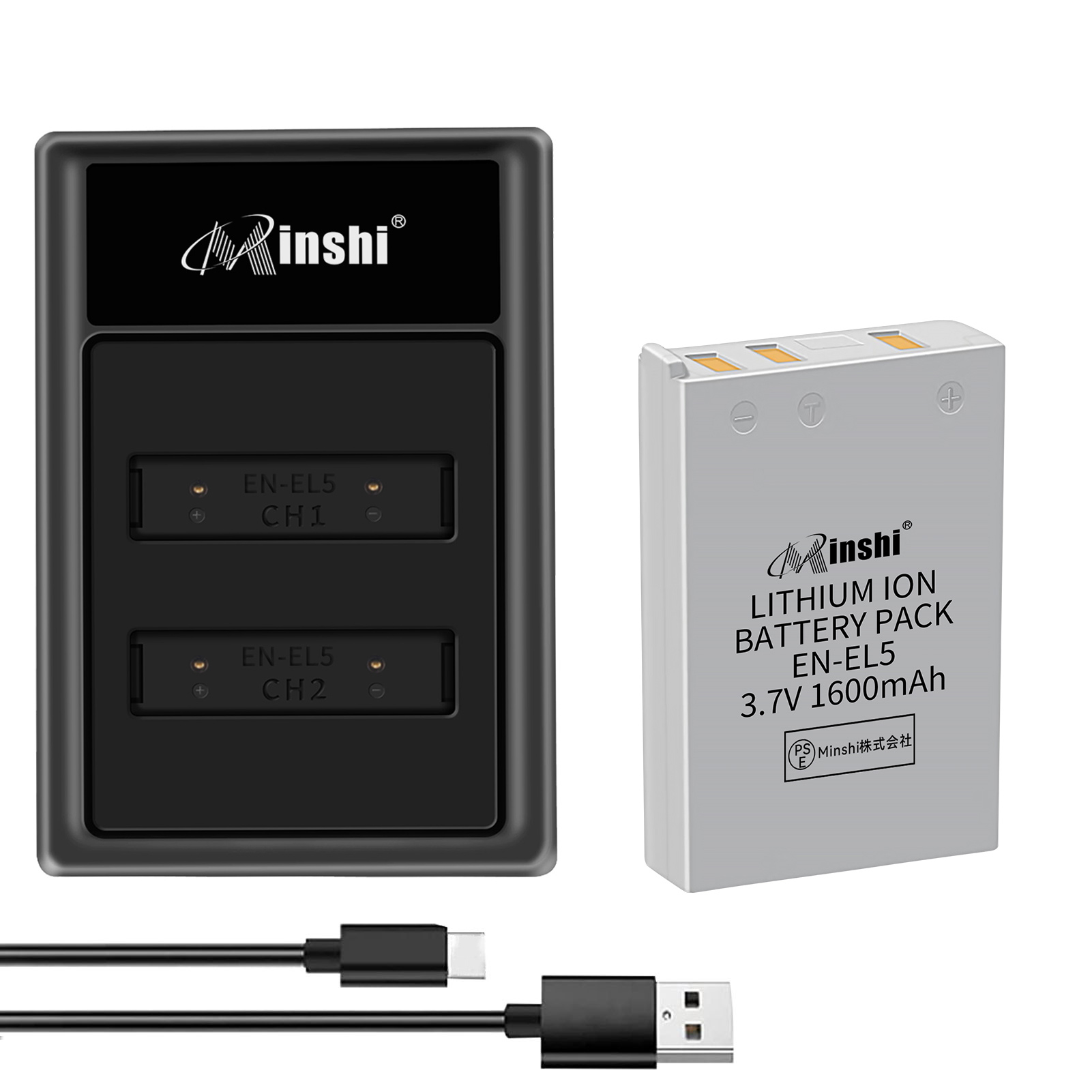 【1年保証】minshi Nikon P6000 【1600mAh 3.7V】【互換急速USBチャージャー】PSE認定済 高品質EN-EL10 EN-EL5互換バッテリーPHB