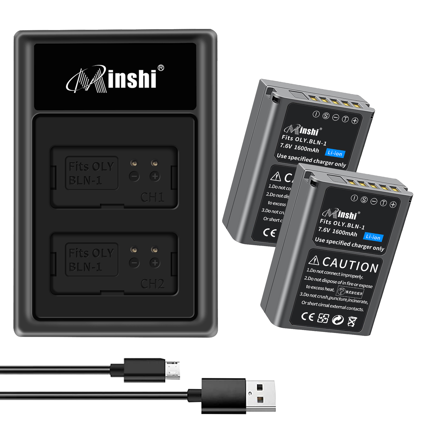 【２個セット】 minshi OLYMPUS BLN-1 【互換急速USBチャージャー】 1600mAh 高品質BLN-1互換バッテリーWHG オリジナル充電器との互換性がない｜minshi