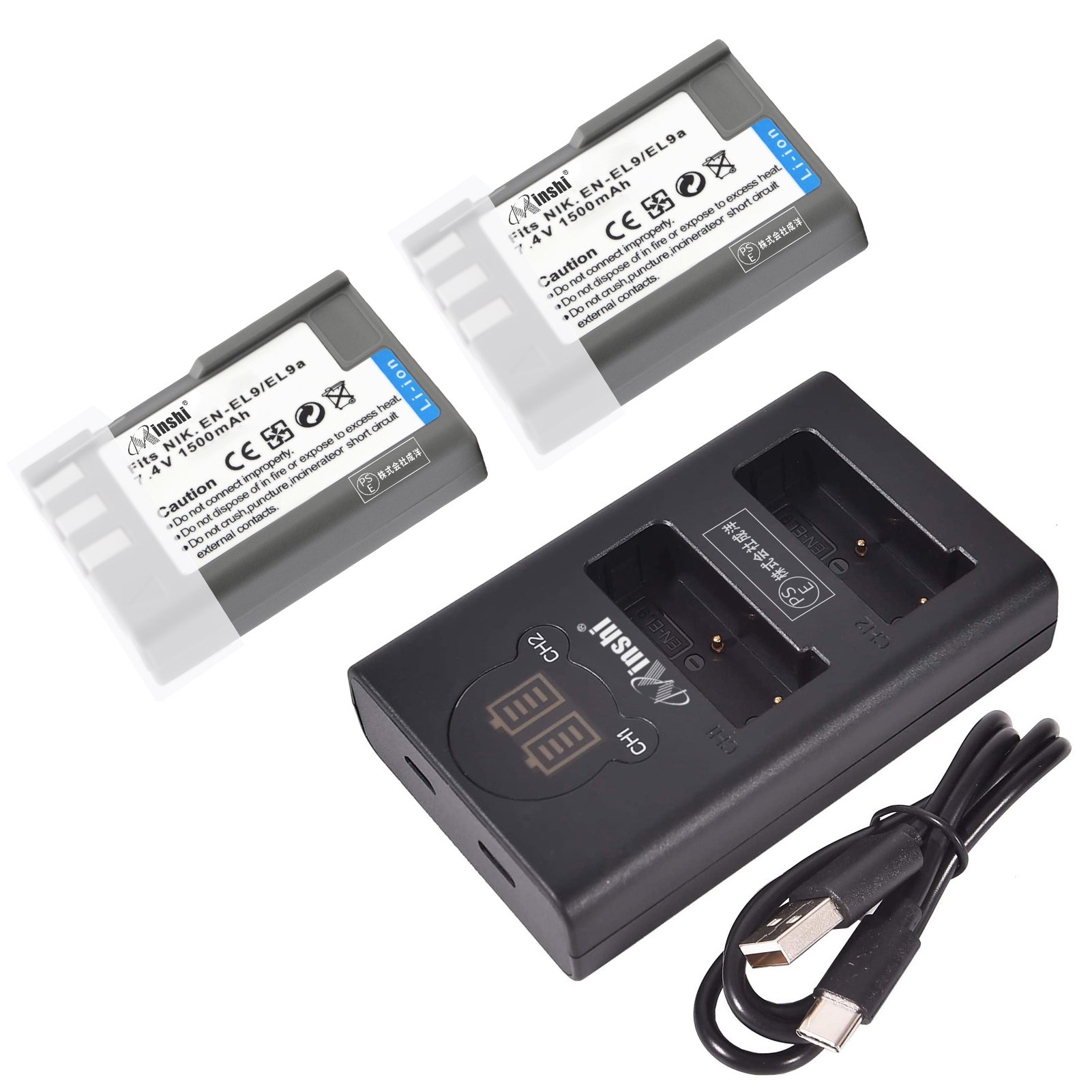 【２個セット】 minshi NIKON EN-EL9a 【互換急速USBチャージャー】 1500mAh PSE認定済 高品質EN-EL9 EN-EL9a EN-EL9e互換バッテリーPHB