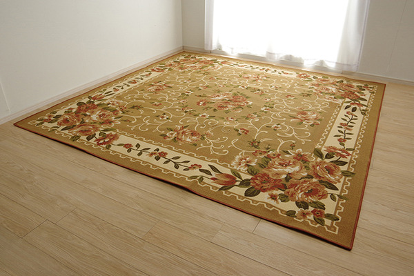 ds-花柄 ラグマット/絨毯 〔グリーン 江戸間10畳 約352×440cm〕 洗える 
