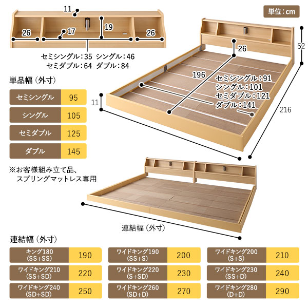 フロア ベッド ワイドキング190 SS+S 海外製ポケットコイルマットレス付き 片面仕様 ホワイト 連結 棚付き 木製 日本製 国産フレーム〔代引不可〕 :ds-2413815:Mインテリア - 通販 - Yahoo!ショッピング