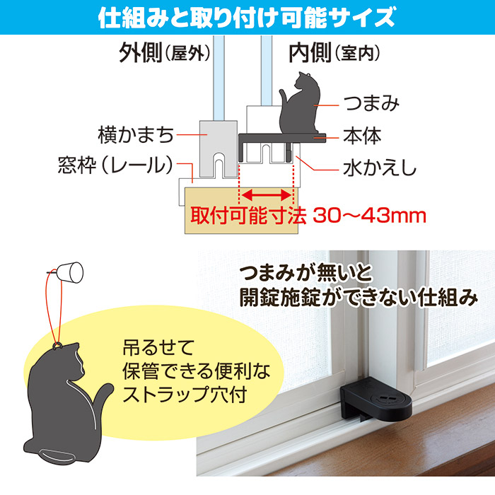 旭電機化成 防犯グッズ 窓 ねこの防犯 窓ロック ABA-30 サッシ