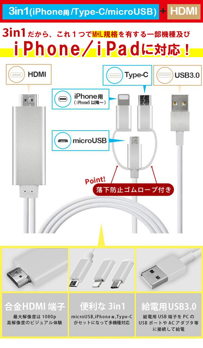 HDMI 変換 アダプター ケーブル iPhoneケーブル ミラーリング MHL規格 スクリーンミラー 画面共有 iphone5〜 ipad  タブレット スマホ テレビ 【ネコポス】 : 10002-103 : 未来プラスショップ - 通販 - Yahoo!ショッピング