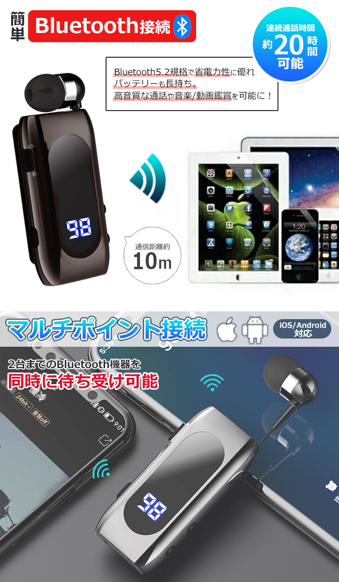 Bluetooth ワイヤレスイヤホン クリップ付き 充電式 ヘドセ 片耳 LED表示 マイク付 TYPE-C 急速充電 バイブ 巻き取り 着信通話 マルチポイント K55【ネコポス】 関連画像3