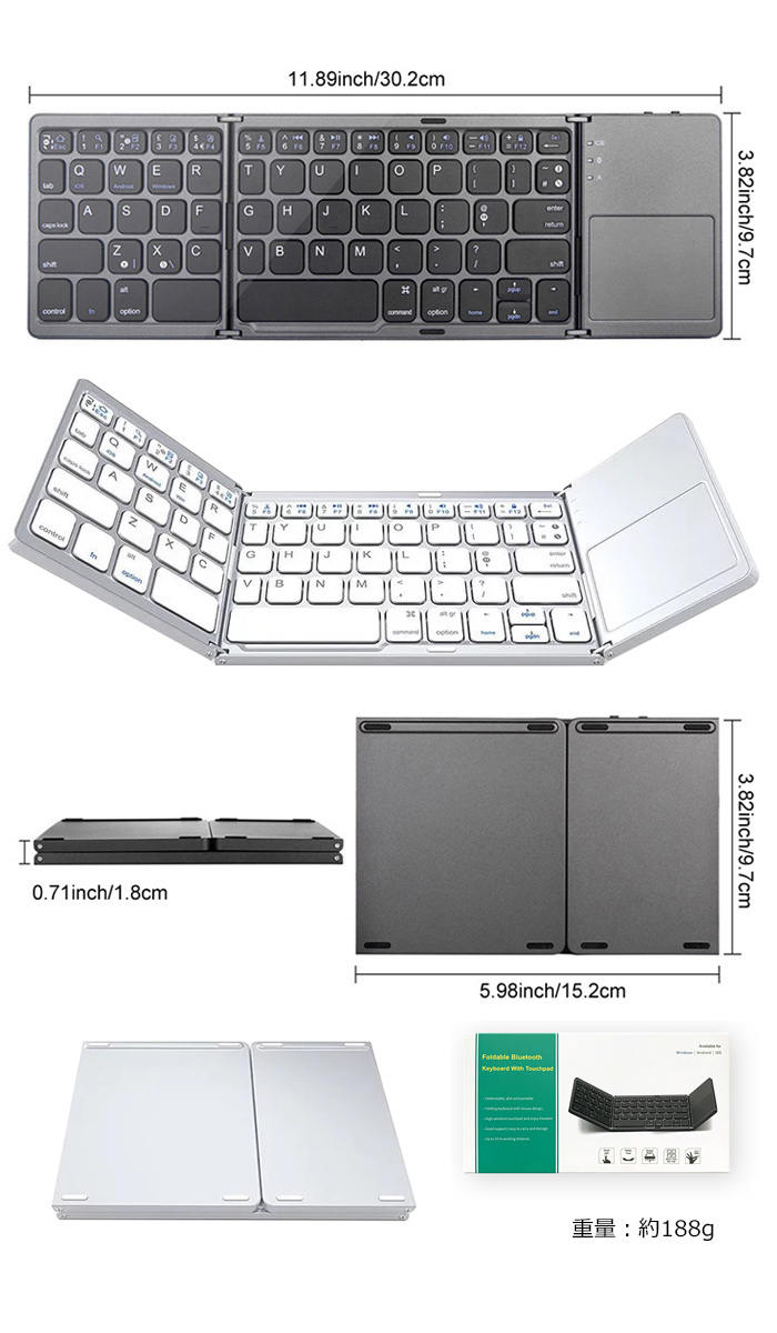 タッチパッド搭載 折りたたみ式 ワイヤレス キーボード Bluetooth 軽量