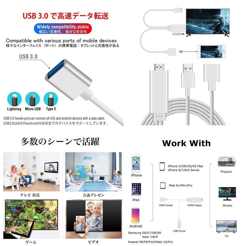 Lightning Android to HDMI 変換ケーブル HDMI変換アダプター