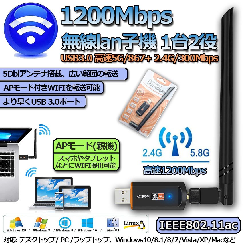 WiFi 無線LAN 子機 1200Mbps 867 300Mbps 2.4G 5Ghz 11ac対応 USB3.0