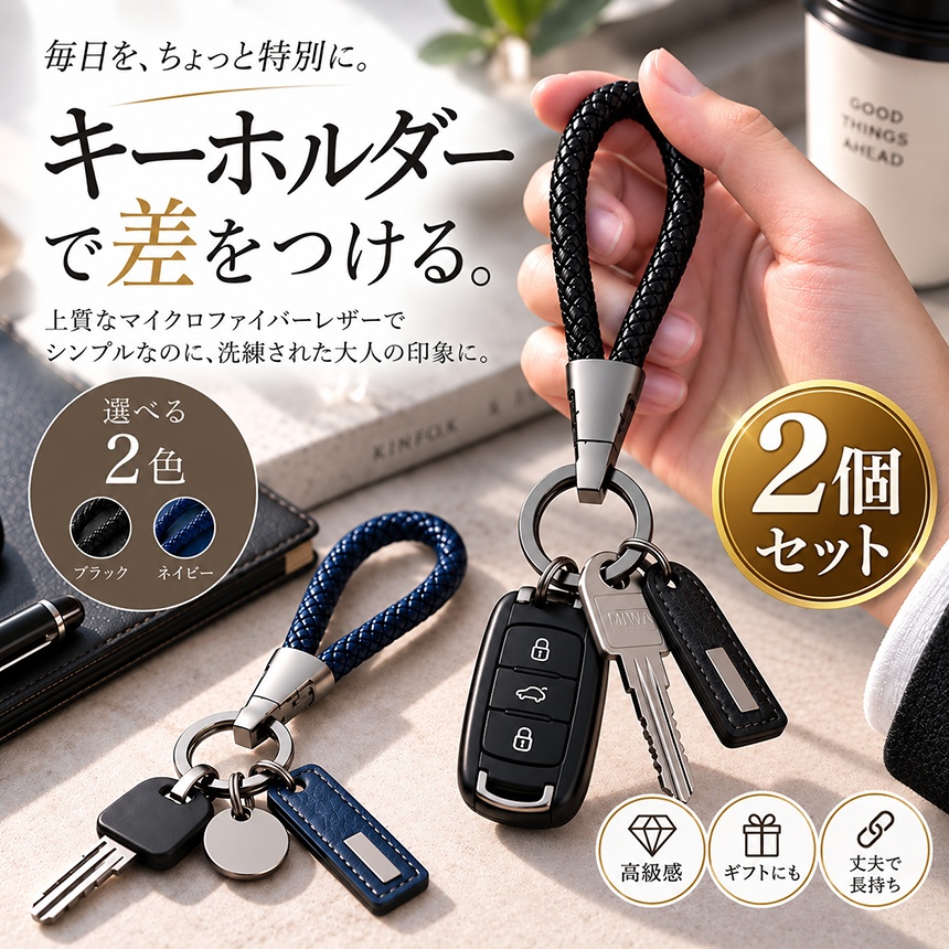 2個セット キーホルダー 編み込み レザー調 2色 キーリング ダブル