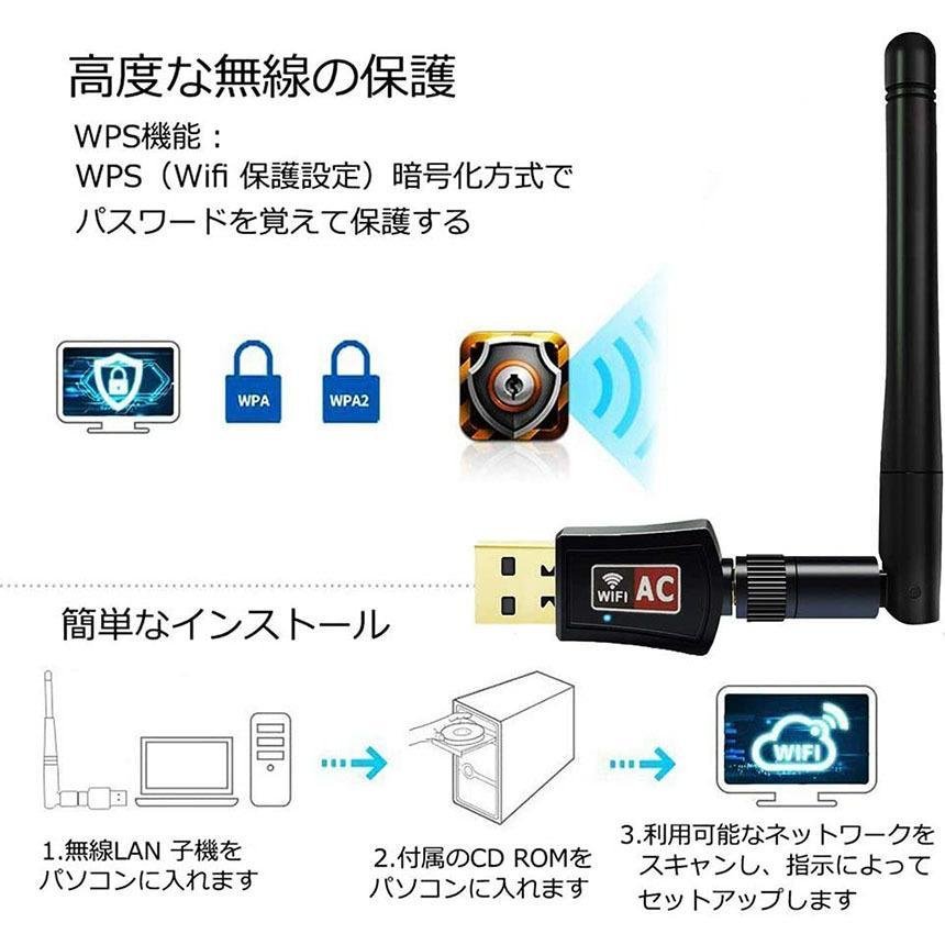 600Mbs 無線lan 子機 USB2.0 WIFI アダプター 高速 5G 433 2.4G 150Mbps 802.11ac n a g b 技術 無線 回転アンテナ Windows10 送料無料