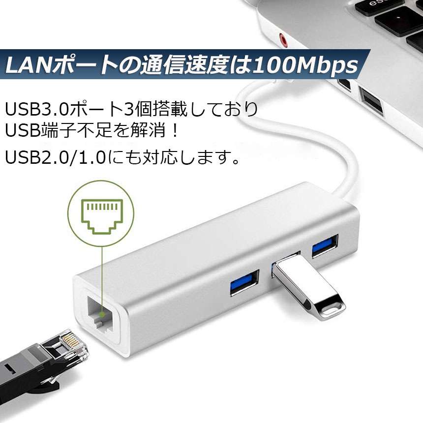USB lan 変換アダプタ USB3.0 ハブ LAN ポート 有線LANアダプタ 有線LAN RJ45 変換 USB 3ポート LANポート  100Mbps イーサネット 高速 lanアダプタ :d05-40a:未来ネット 通販 