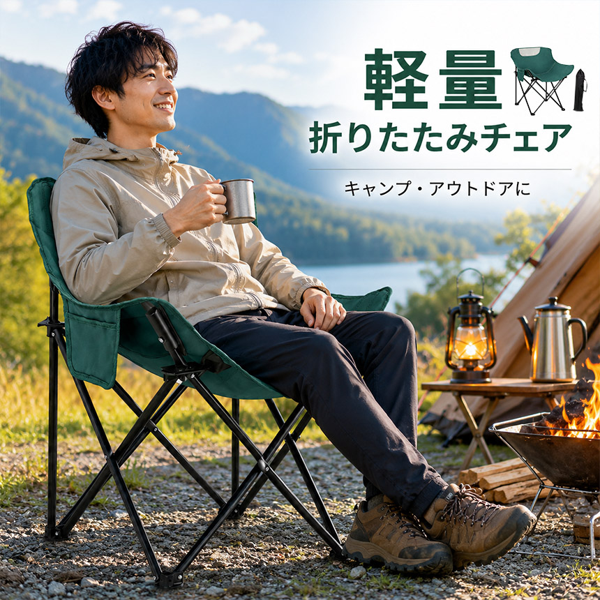 折りたたみ アウトドアチェア 軽量 コンパクト ポケット付き 収納袋