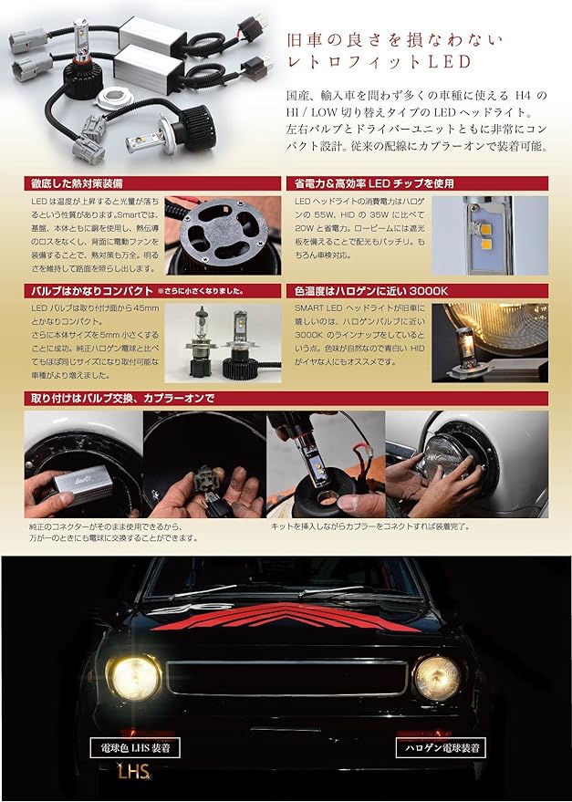 H4ハイロー切り替えLEDヘッドライト 3000k電球色タイプ ショートバルブ