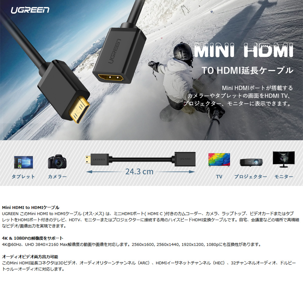 UGREEN mini hdmi to hdmi 変換アダプター hdmi ケーブル ハイスピード