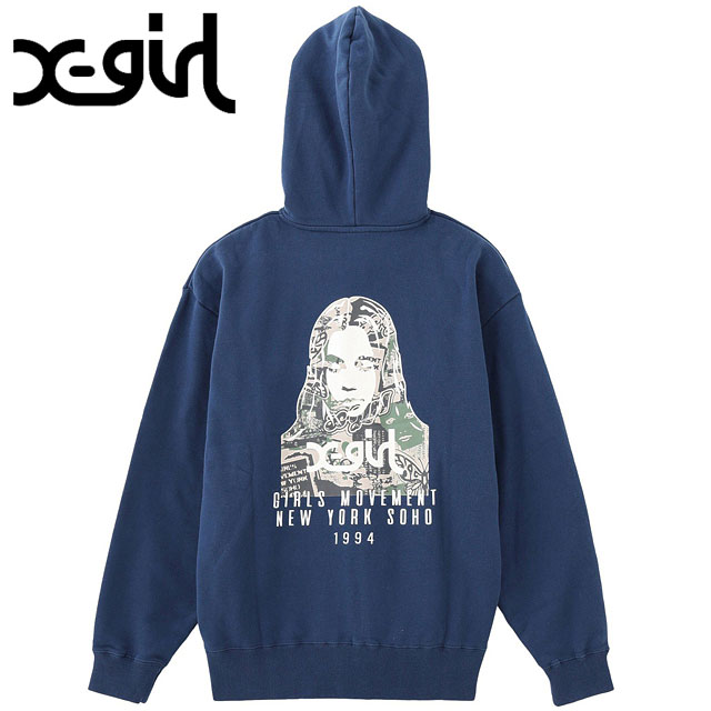 エックスガール X-girl カレッジカモフェイス ジップアップスウェットフーディー 105254012031 FW25 COLLAGE CAMO FACE ZIP UP SWEAT HOODIE NAVY 正規取扱店 | X-girl