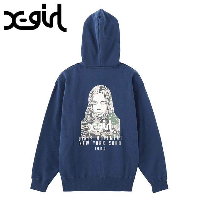 エックスガール X-girl カレッジカモフェイス ジップアップスウェットフーディー 105254012031 FW25 COLLAGE CAMO FACE ZIP UP SWEAT HOODIE NAVY 正規取扱店 | X-girl | 01
