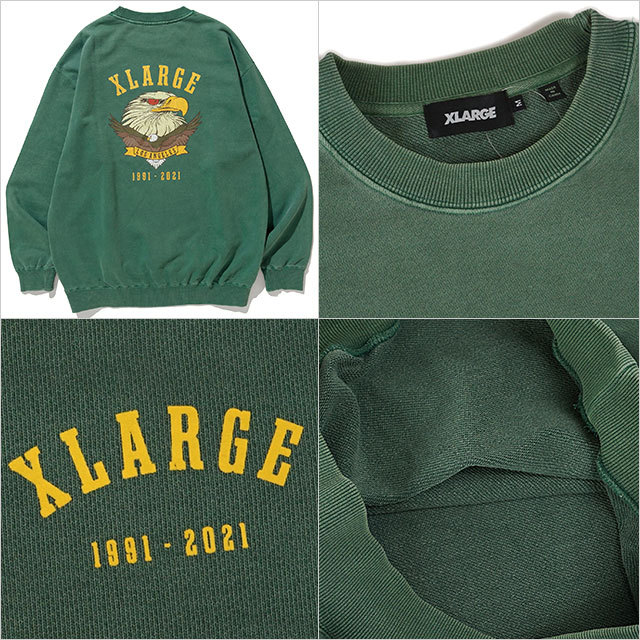 X-LARGE エクストララージ EAGLE LOGO PIGMENT CREWNECK SWEAT 101213012029 バックイーグルプリント クルーネックスウェットトレーナー グリーン XLARGE（エクストラ ラージ） イーグルロゴピグメントクルーネック