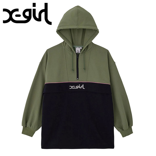 エックスガール X-girl レディース バイカラーアノラック スウェットドレス 105233041006 FW23 BICOLOR ANORAK  SWEAT DRESS XGIRL パーカー OLIVE