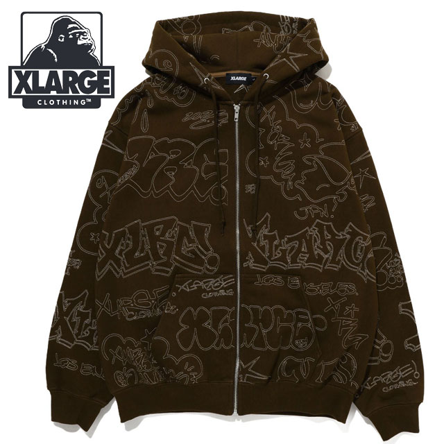 エクストララージ XLARGE エンブロイダードオールオーバーロゴジップアップフーディ 101234012003 EMBROIDERED ALLOVER LOGO ZIP UP HOODED SWEATSHIRT BROWN