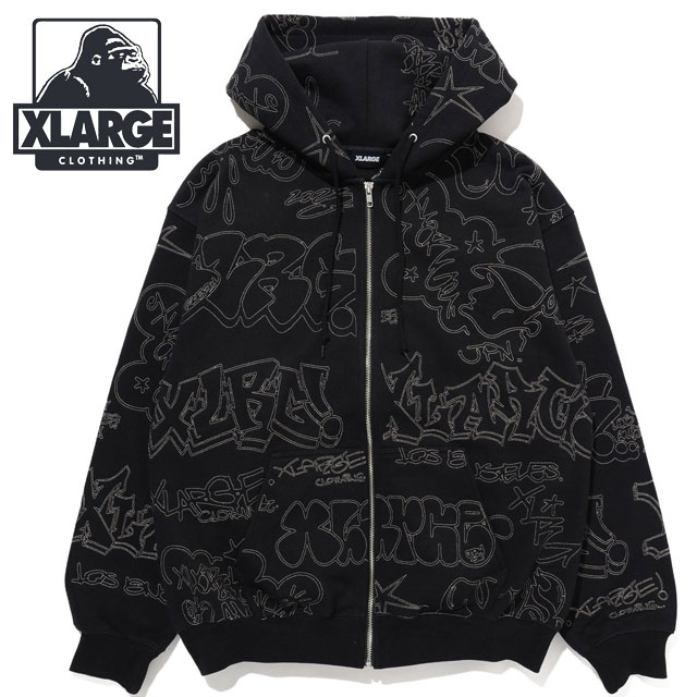 エクストララージ XLARGE エンブロイダードオールオーバーロゴジップアップフーディ 101234012003 EMBROIDERED ALLOVER LOGO ZIP UP HOODED SWEATSHIRT BLACK