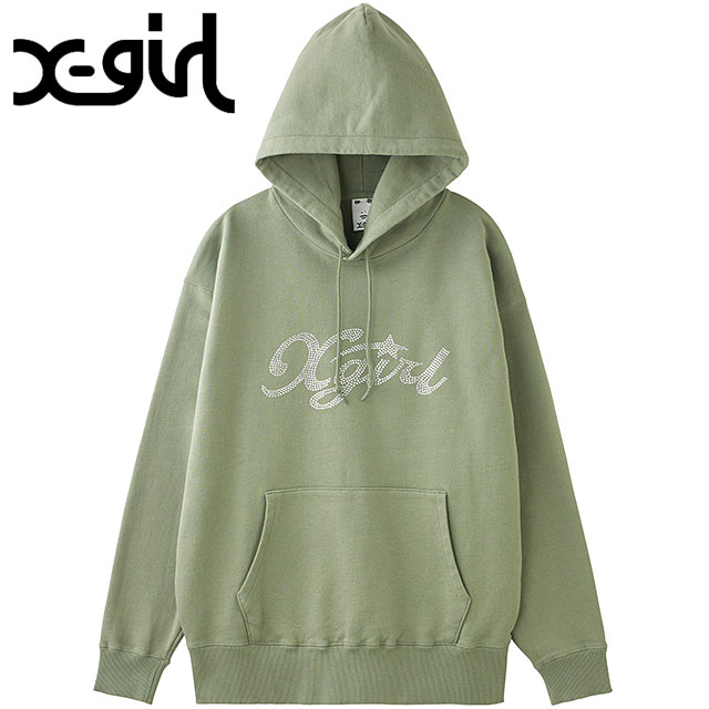 エックスガール X-girl ラインストーンスター カーシヴロゴ スウェットフーディー 105244012014WINTER レディース トップス プルオーバー OLIVE 正規取扱店