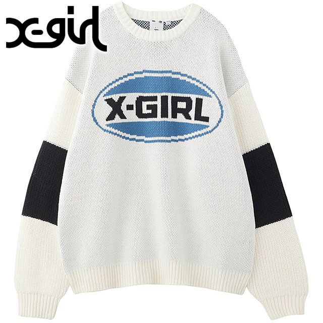 エックスガール X-girl バイカラーオーバルロゴ ジャガードニットトップ 105244015005 FW24WINTER レディース トップス セーター BLACK 正規取扱店 SALE】エックスガール X-girl バイカラーオーバルロゴ