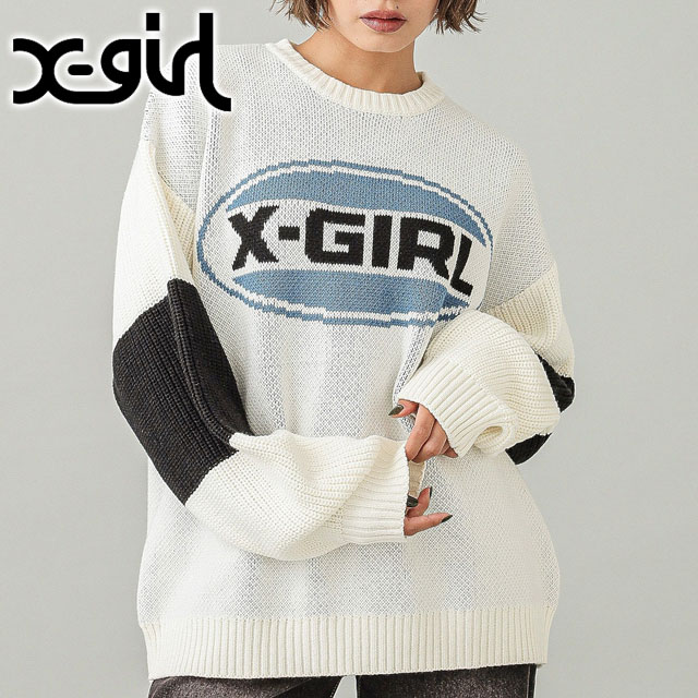エックスガール X-girl バイカラーオーバルロゴ ジャガードニットトップ 105244015005 FW24WINTER レディース トップス セーター WHITE 正規取扱店 X-girl エックスガール バイカラーオーバルロゴ ジャガード