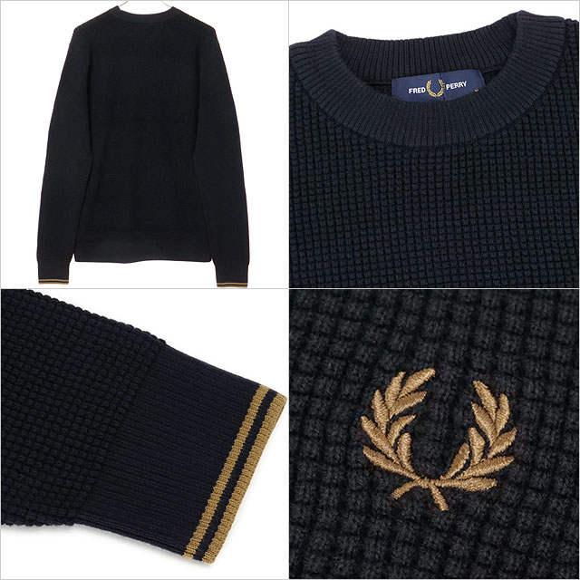 フレッドペリー FRED PERRY ワッフルステッチジャンパー K6507-102 FW25 WAFFLE STITCH JUMPER メンズ トップス セーター クルーネックニット BLACK 正規取扱店 | FRED PERRY | 02