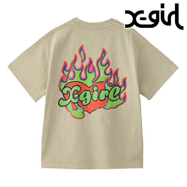 エックスガール X-girl ファイヤーハートロゴ ショートスリーブティー 105253011010 FW25 FIRE HEART LOGO S S TEE レディース 半袖Tシャツ OLIVE  正規取扱店 X-girl エックスガール ファイヤーハートロゴ ショートスリーブ