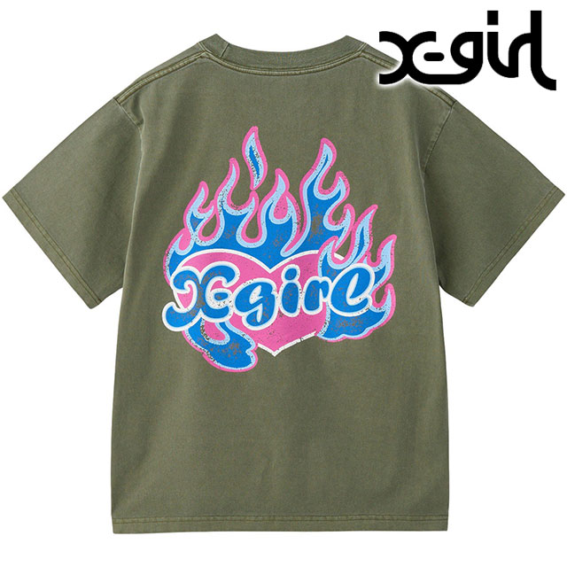 エックスガール X-girl ファイヤーハートロゴ ショートスリーブティー 105253011010 FW25 FIRE HEART LOGO S S TEE レディース 半袖Tシャツ OLIVE  正規取扱店