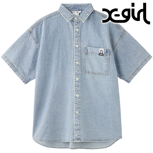 エックスガール X-girl フェイスラベルライトデニム ショートスリーブシャツ 105253014001 FW25 FACE LABEL LIGHT DENIM S S SHIRT LtINDIGO 正規取扱店