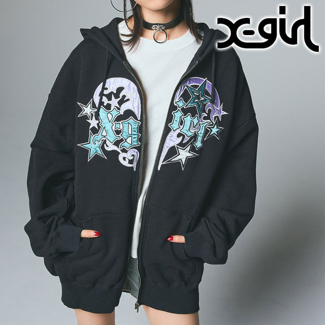 エックスガール X-girl トライバルハート ジップアップスウェットフーディー [105253012004 FW25] TRIBAL HEART ZIP UP SWEAT HOODIE レディース xgirl トップス フルジップ パーカー ASH 正規取扱店 X-girl エックスガール トライバルハート ジップアップスウェット