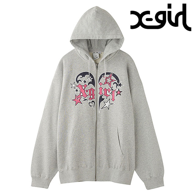 X-girl トライバルハートジップアップフーディ Mサイズ グレー X-girl（エックスガール） トライバルハート ジップアップスウェット